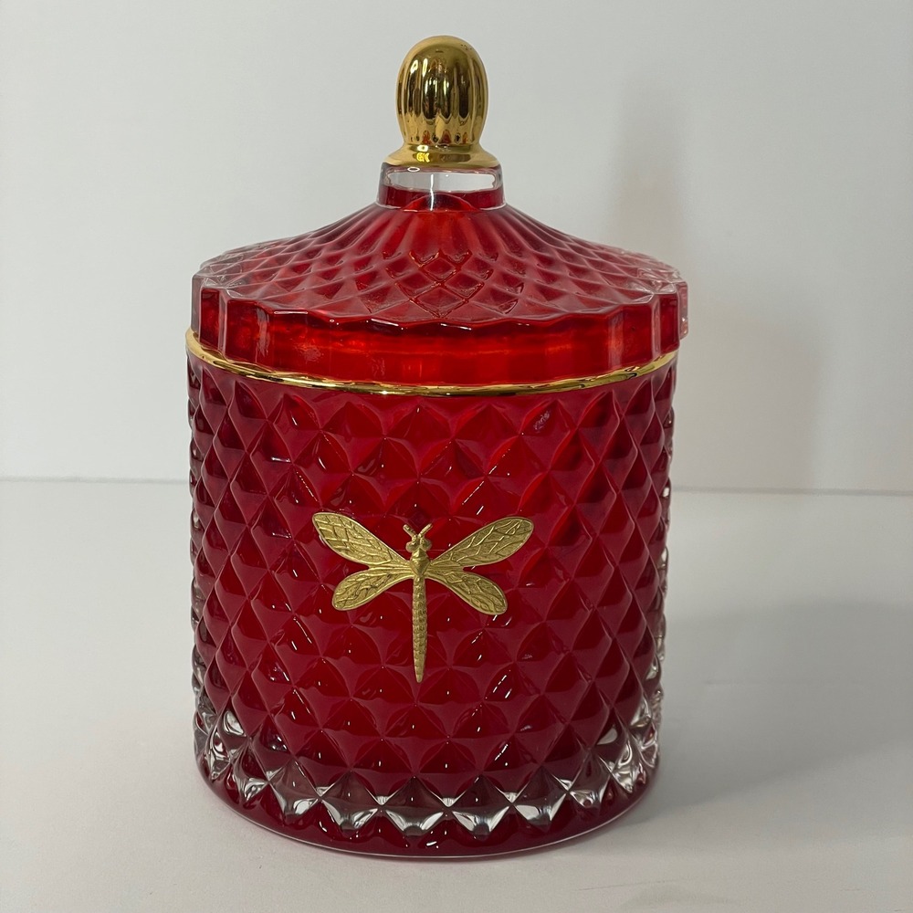 *USED Dragonfly- Bella Red Diamond Cut Glass Candle Jar Gold Emblem‎ and Lid